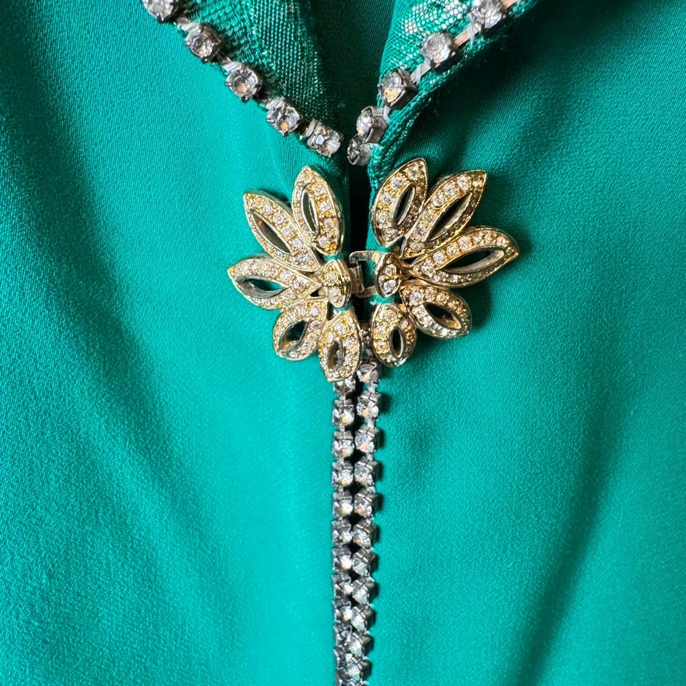 Vintage Emerald Green Skirt Suit Rhinestone Trim Gold Brooch Plus Size 18W - Picture 7 of 8